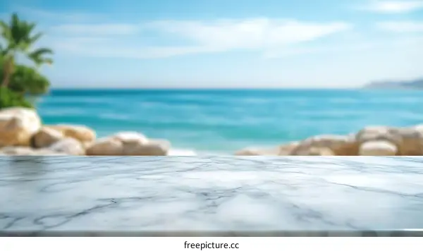 Marble Tabletop with Defocused Seaside Background