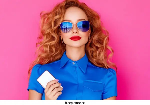 Fashionable Woman in a Blue Shirt with Sunglasses