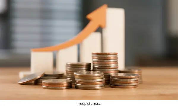 Stack of coins with upward arrow showing financial growth