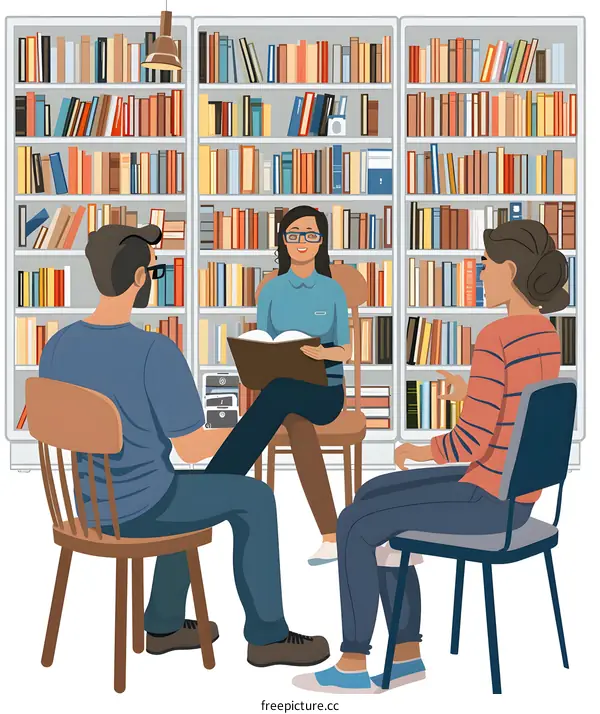 Three People Sitting In a Library With Bookshelves