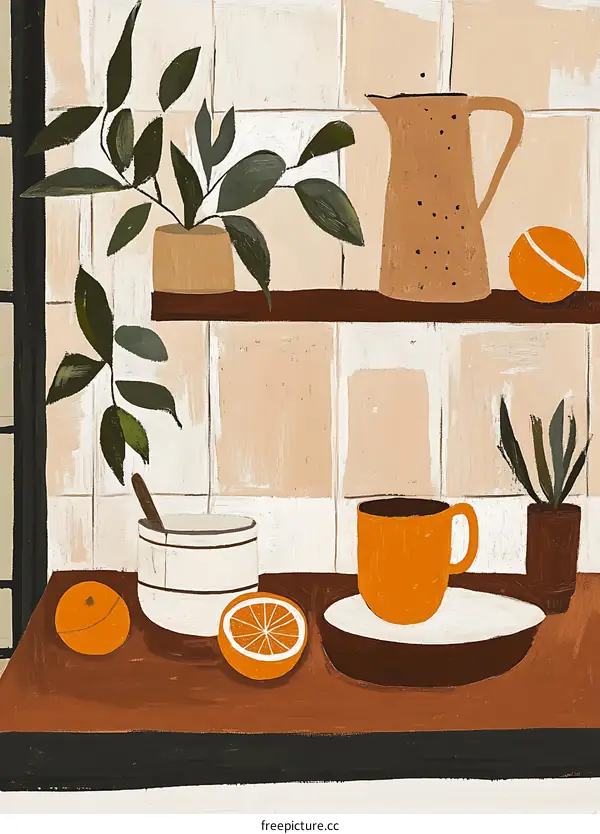 Still Life with Oranges and Plants on a Shelf