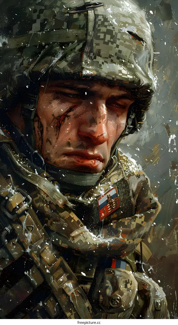 Portrait of a soldier with a beard and scars on his face