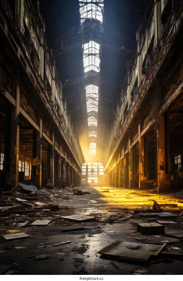 Abandoned Factory with Shattered Windows and a Gaping Hole in the Roof