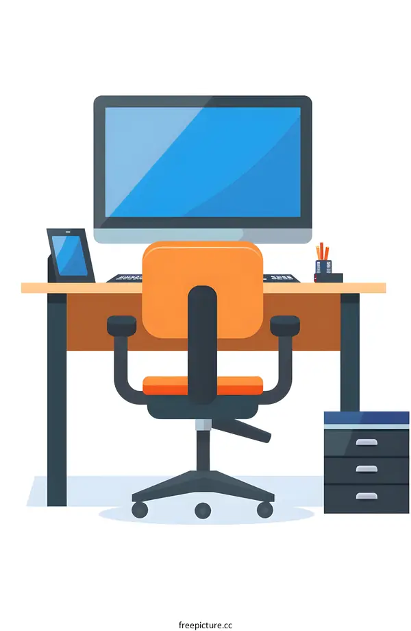 Office Desk with Computer Monitor and Chair Illustration
