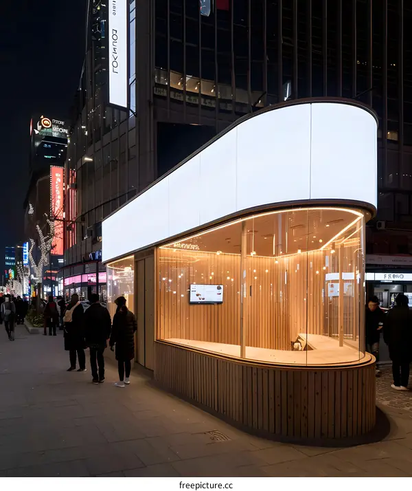 Modern Wooden Shop Front with Curved Glass Windows in City