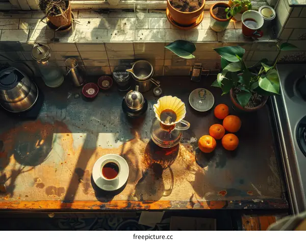 Coffee and Oranges on Kitchen Counter