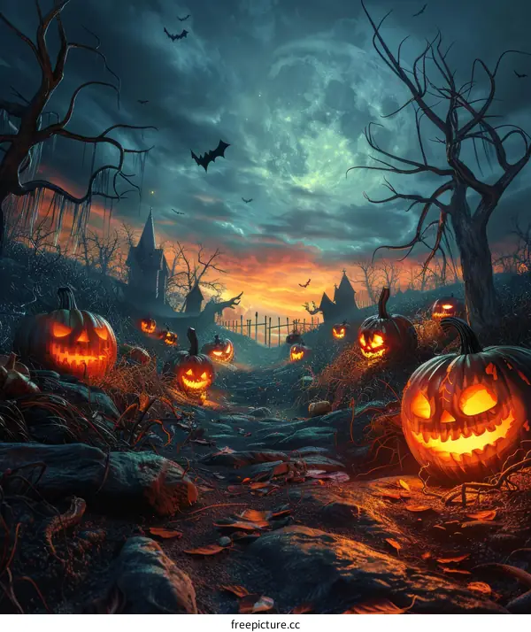 Eerie Halloween Night with Pumpkins and Bats