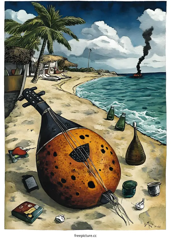 Beach Scene with a Guitar, Bottles, and a Burning Ship in the Distance