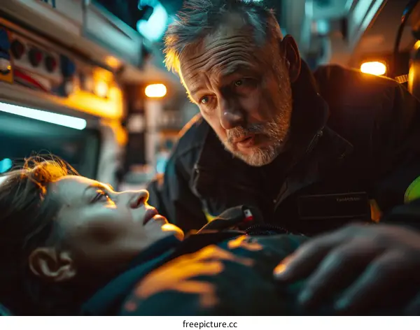 Firefighter and injured woman in ambulance