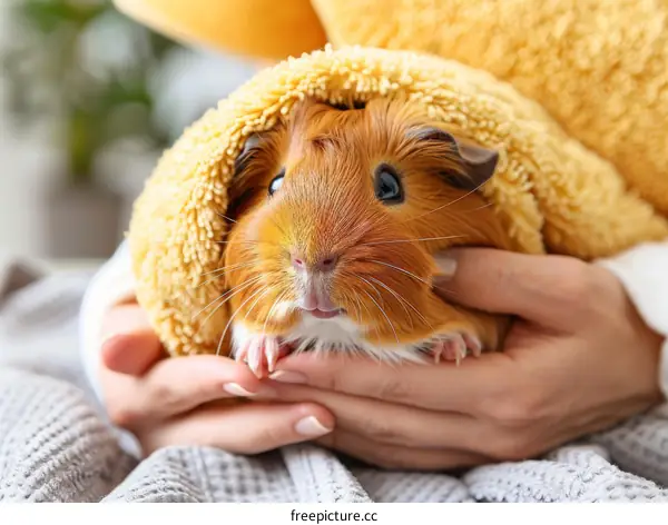 A cute brown guinea pig wrapped in a yellow blanket