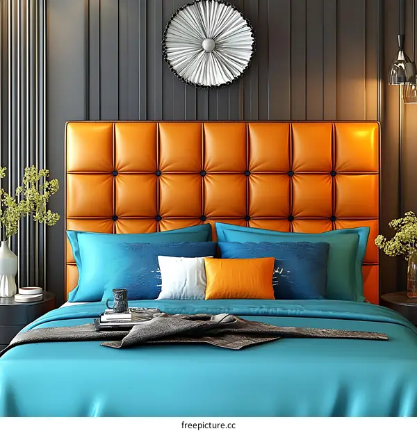 Modern Bedroom with Orange Headboard and Teal Bedding