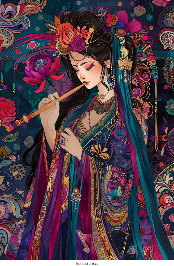 Woman in Traditional Chinese Dress Playing a Flute