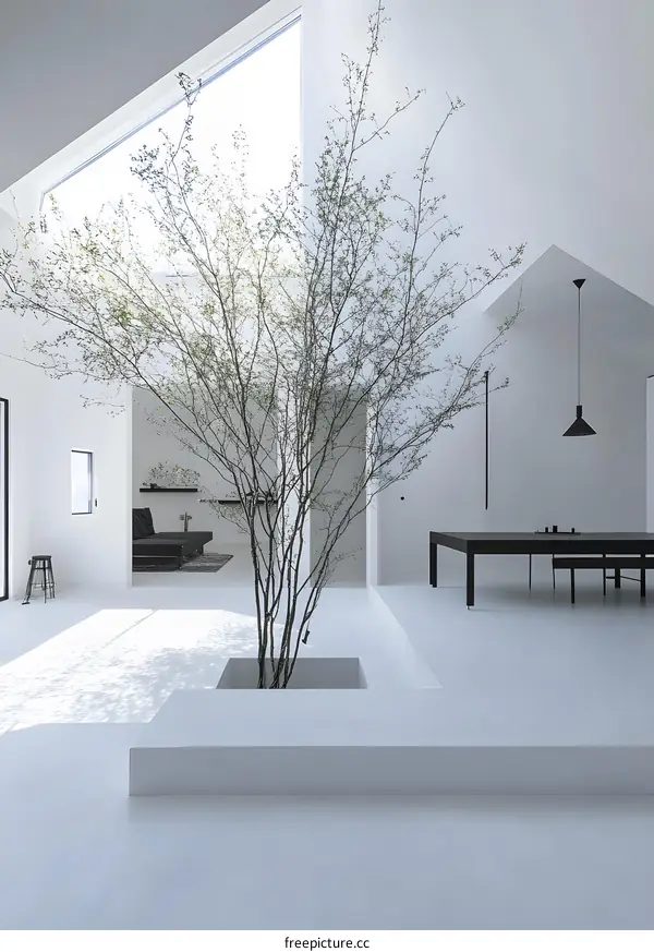 Minimalist White Interior Design with Tree and Skylight