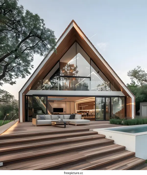 Modern A-Frame House with Wooden Deck and Pool
