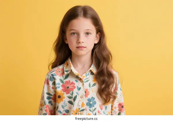 Young Girl Wearing Floral Shirt Against Yellow Background