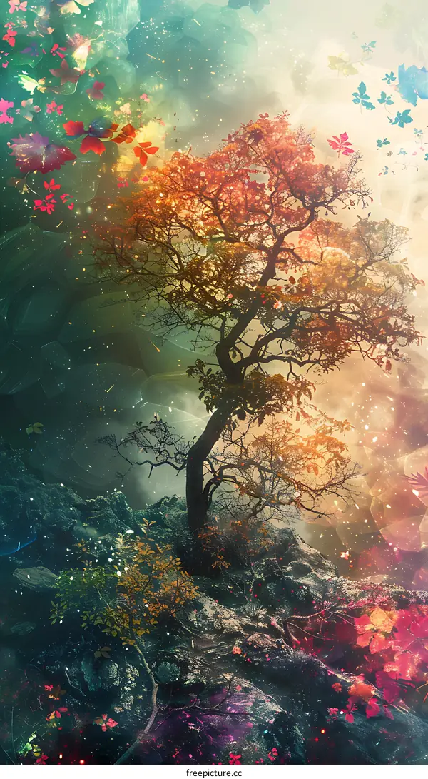 Abstract Tree with Colorful Butterflies and Leaves
