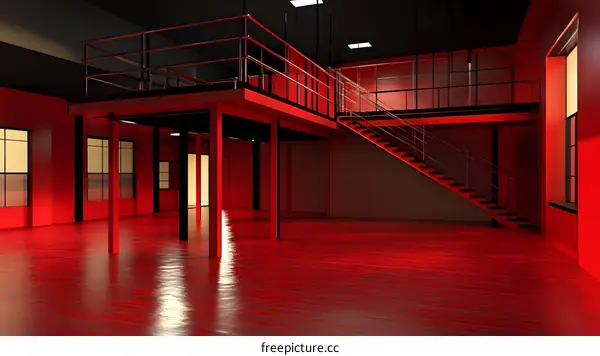 Red Industrial Interior with Mezzanine and Stairs