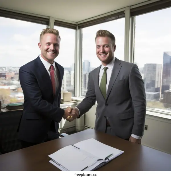 Two businessmen shaking hands in an office