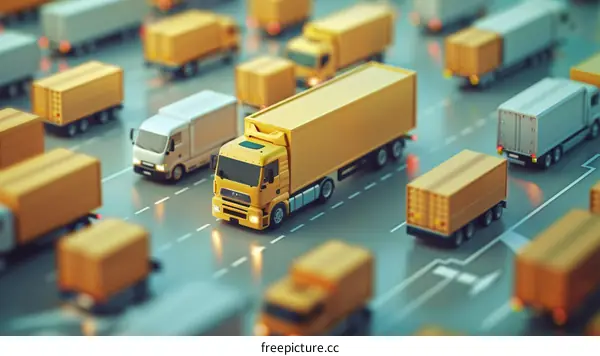 A large number of trucks are driving on the road