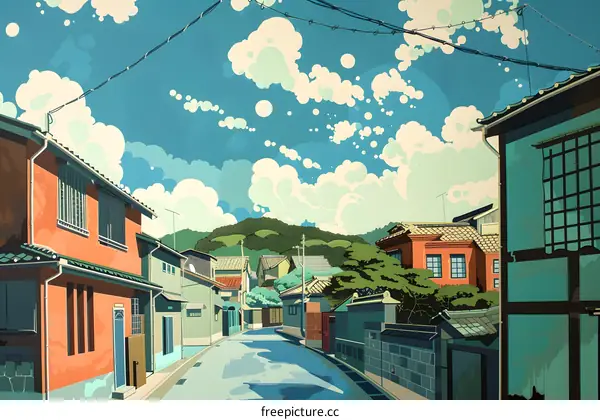 Japanese Style Houses and Street Illustration