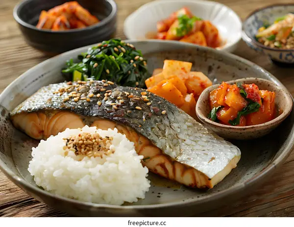 Grilled Fish with Rice and Side Dishes