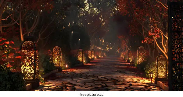 fantasy forest path with red trees and stone lanterns