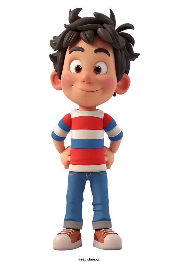 [Transparent Background PNG]A 3D rendering of a boy with brown hair and blue eyes, wearing a red and white striped shirt and blue jeans.