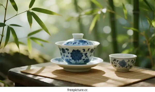 Traditional Chinese Tea Set with Bamboo Background in Nature