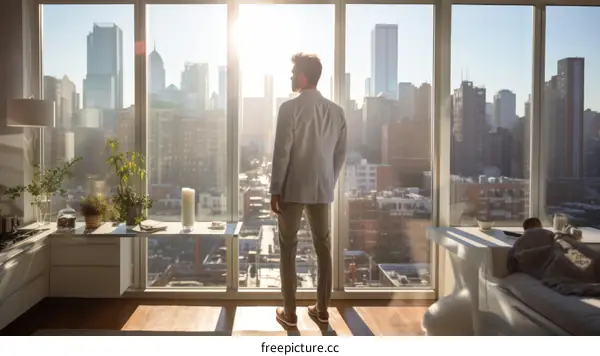 Man looking out at the city from his apartment window