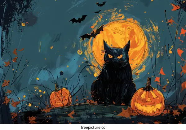 Black cat with pumpkins and bats under the moonlight