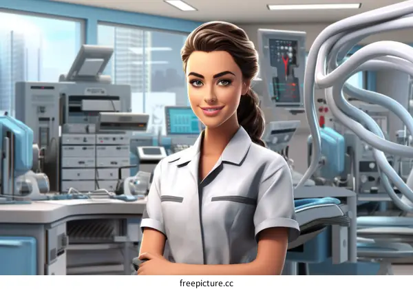 Confident female surgeon in scrubs standing in a modern hospital operating room