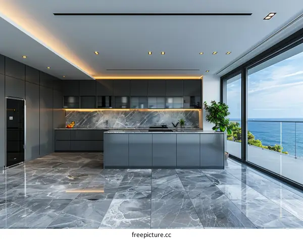 Luxurious Modern Kitchen with Marble Floor and Big Windows