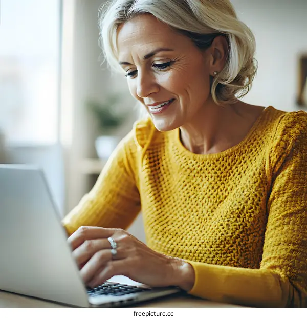 Smiling Woman Using Laptop in Her Home Office