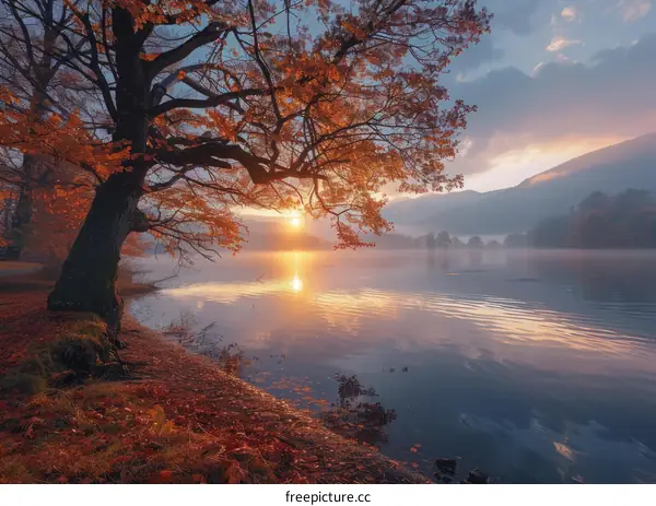 Autumn Sunset over Tranquil Lake and Trees