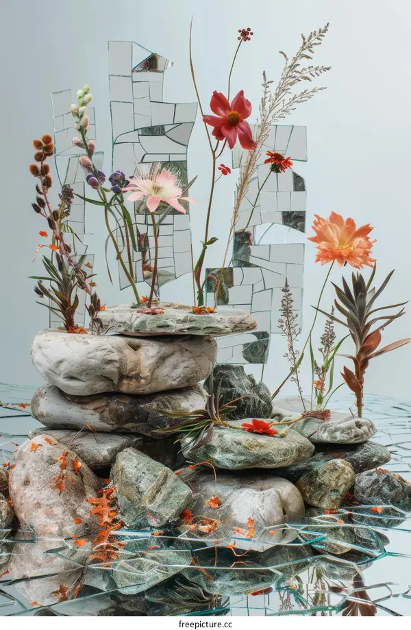 Flowers and rocks with mirror background