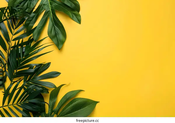 Green Tropical Leaves on Yellow Background