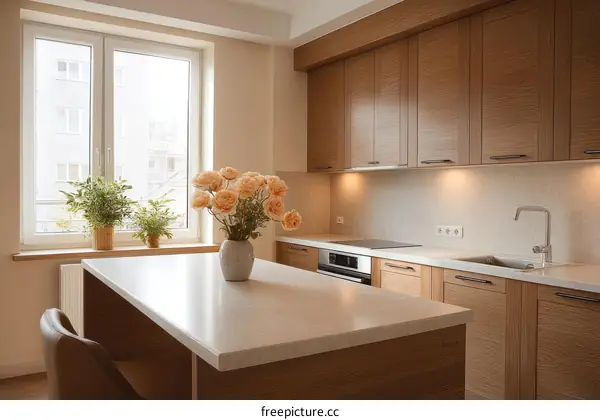 Modern Kitchen with Natural Wood Cabinets and White Countertop