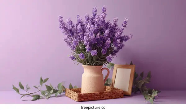 Purple Lavender Bouquet in Vase on a Purple Background