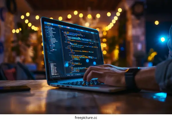 Software developer writing code in a dimly lit room