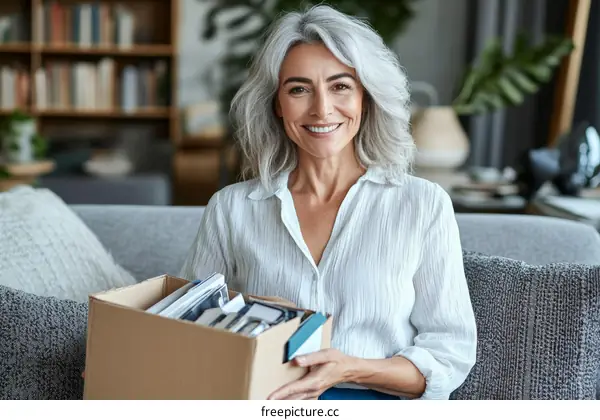 Woman Holding Cardboard Box with Documents in Home