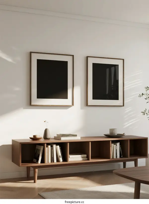 Minimalist wooden shelf with framed art and books in bright room