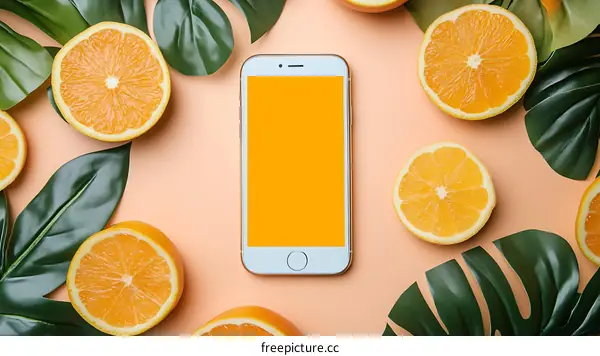 Flat Lay Mockup With Orange Slices Leaves and a Phone