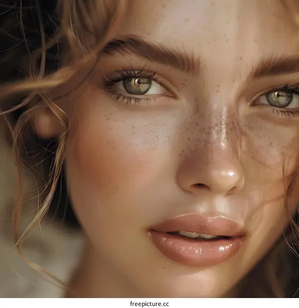 Close-up portrait of a beautiful young woman with freckles