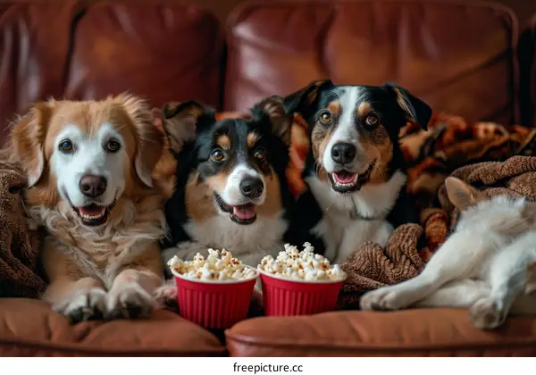 Three dogs sitting on a couch and watching TV