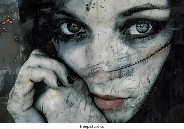 A close-up portrait of a woman with dark hair and light eyes, with a hand holding her face