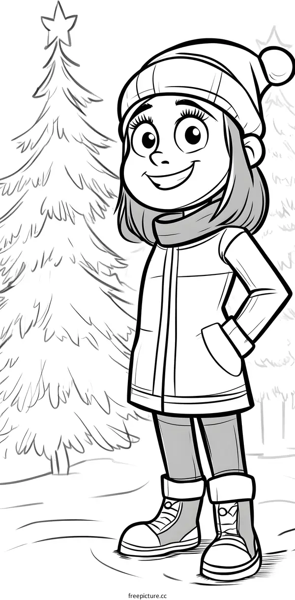 Girl Standing Near Christmas Tree Illustration