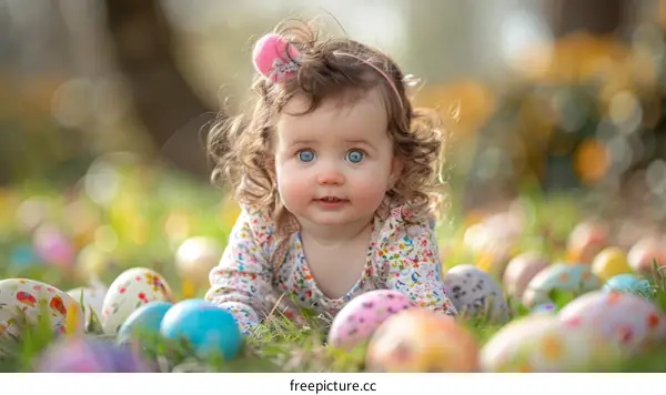 Curly haired baby girl sitting in a field of Easter eggs