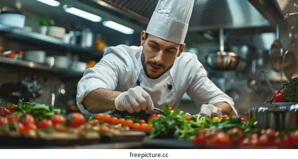 Male chef carefully preparing a dish in a commercial kitchen