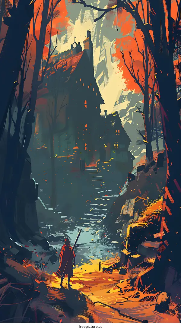 Fantasy Illustration of a Person Standing Before a Castle in a Forest