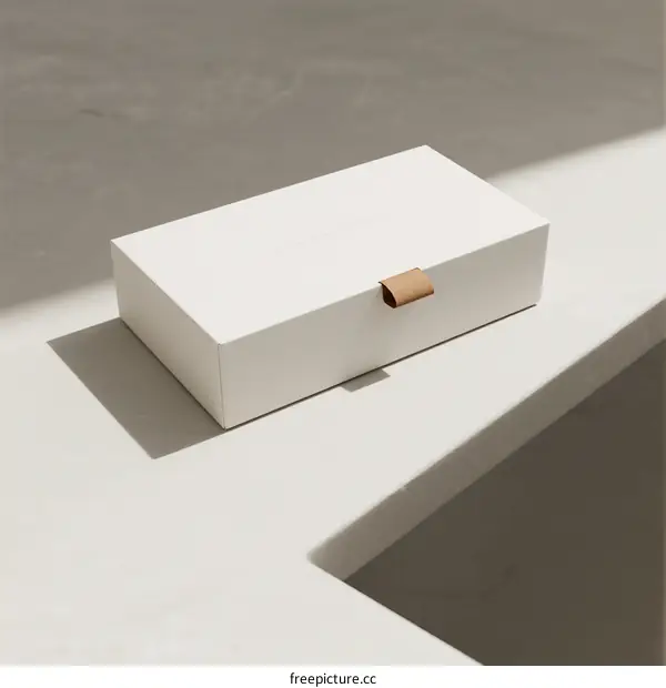 White rectangular box with wooden closure on white surface